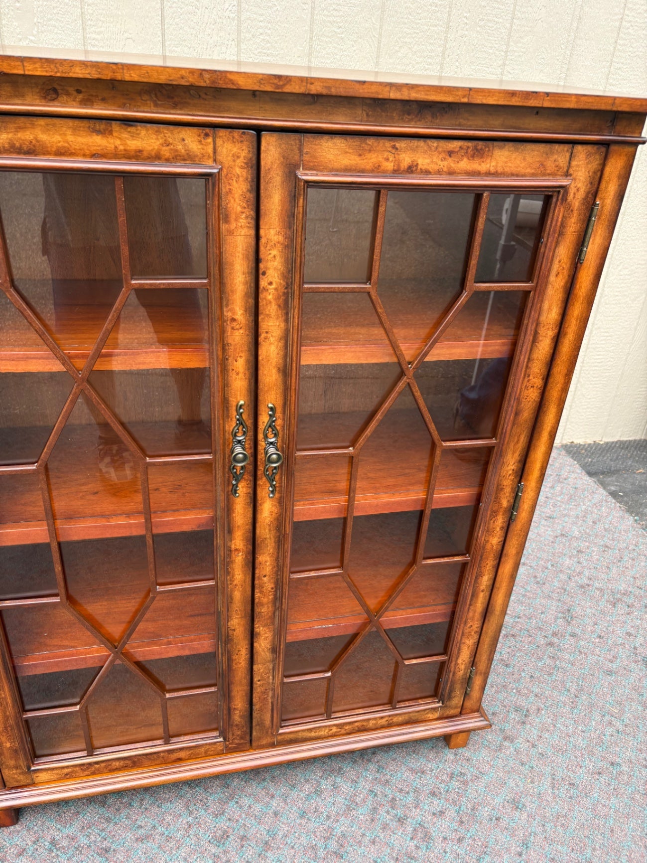 67944 Vintage Glass Front Bookcase with Geometric Pane Design