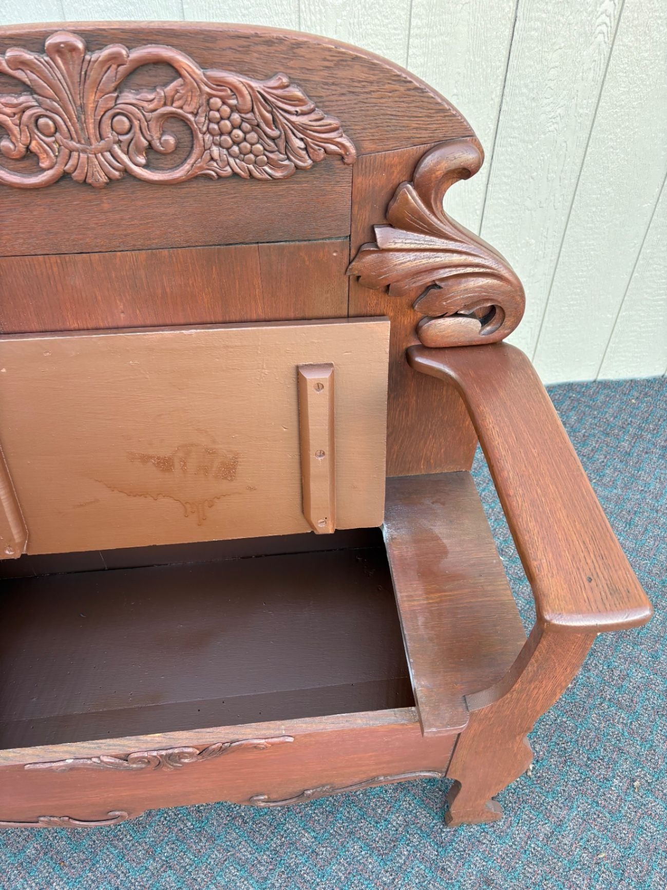 67564 Victorian Hall Seat with Intricate Carving in Rich Oak Finish