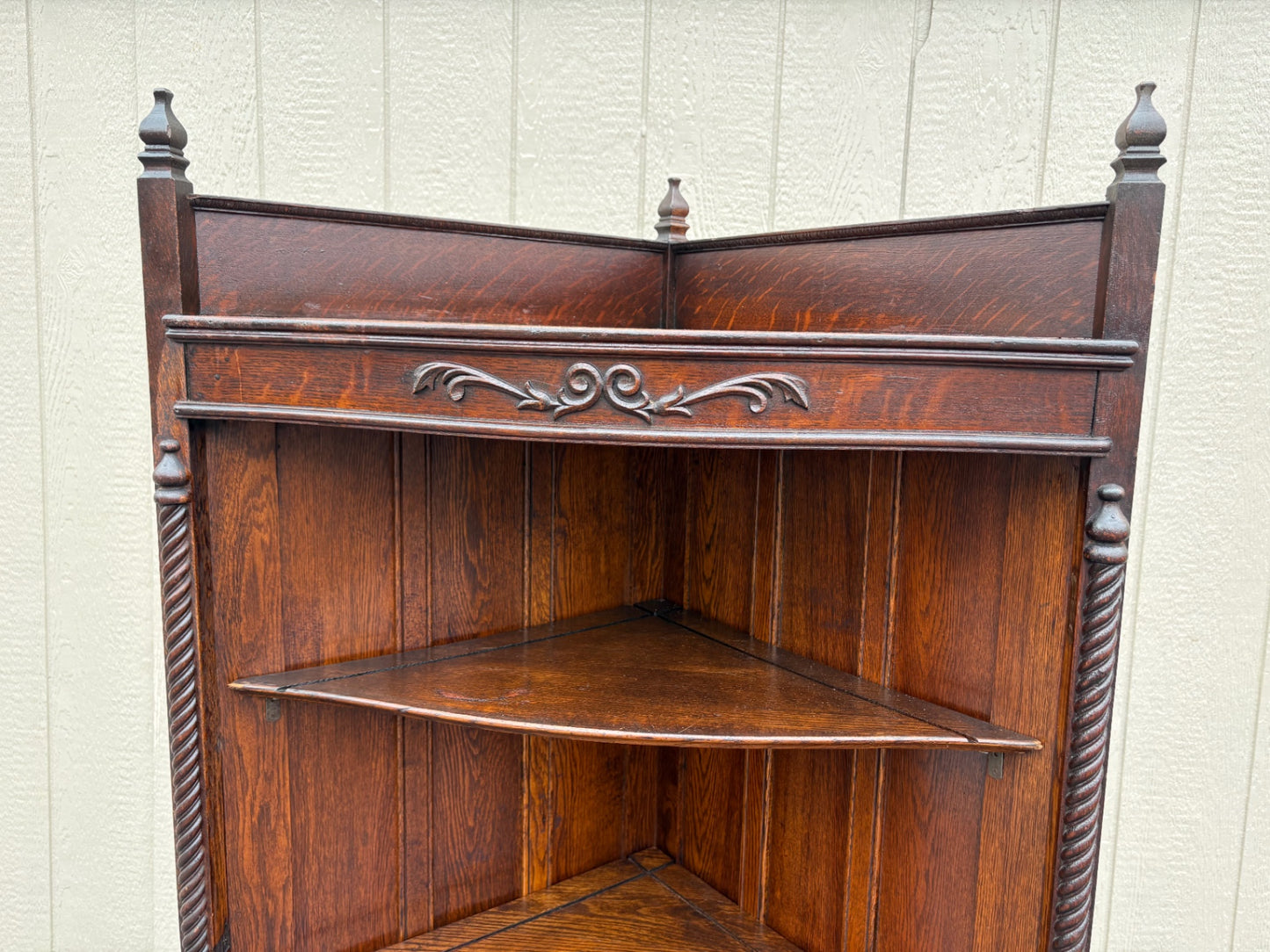 67661 Victorian Oak Corner Curio Cabinet  with Carved Details and Turned Finials