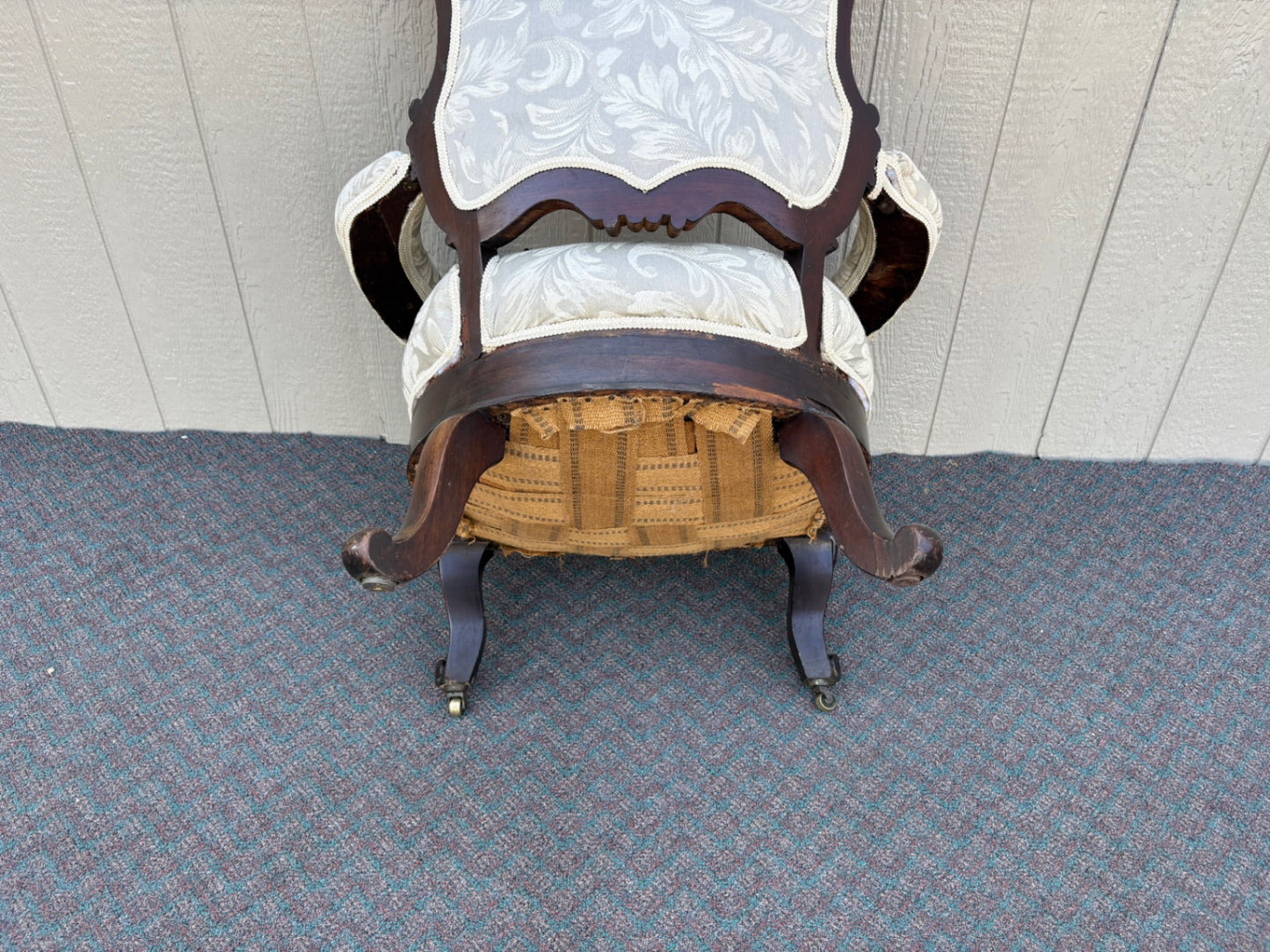 67760 Victorian Armchair with Ornate Carvings and Upholstery