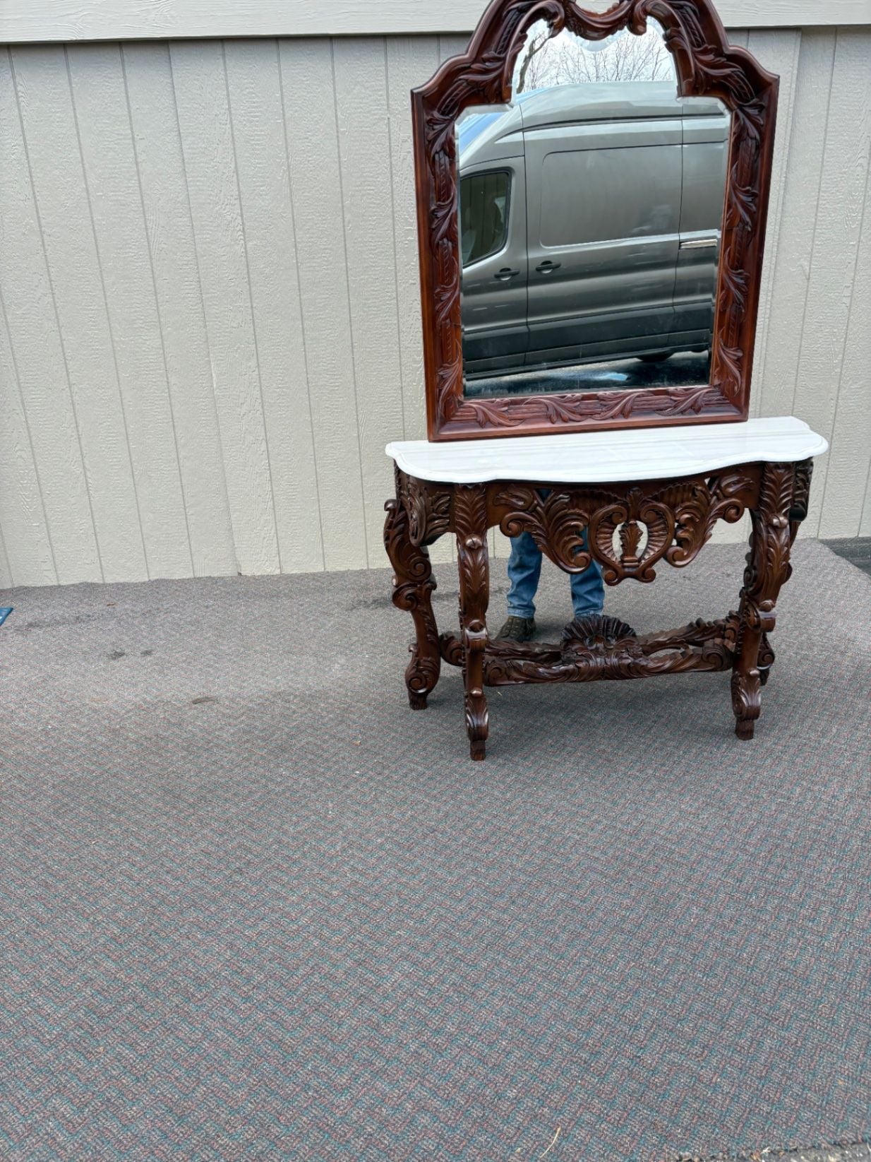 67574 Solid Mahogany  Marble Top Console Table with Ornate Mirror