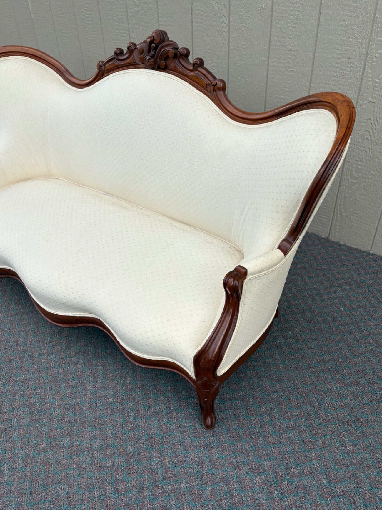67764 Victorian Carved Walnut Sofa with Cream Upholstery