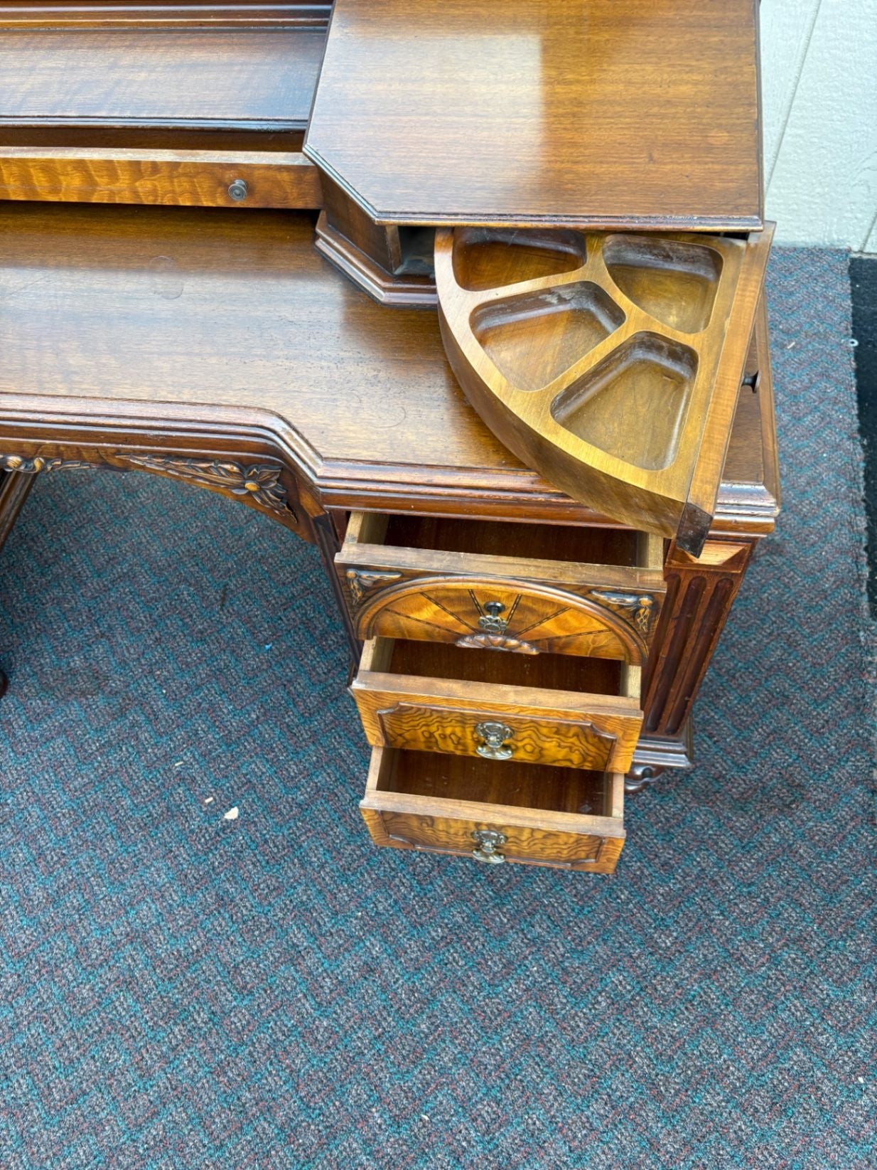 67476  Antique Walnut Vanity with Mirror, Ornate Carving and Drawers