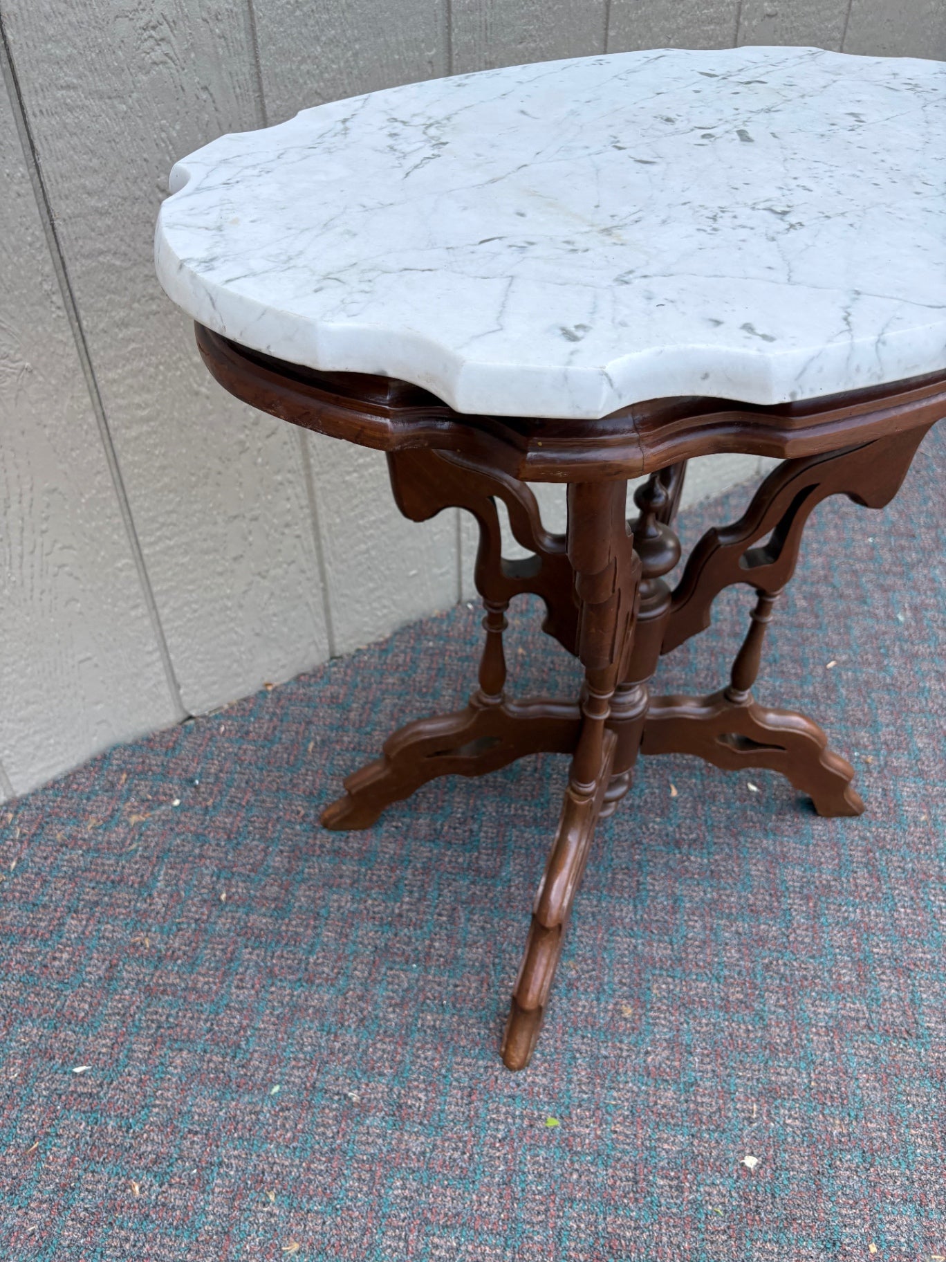 Victorian Marble Top Side Table with Ornate Wooden Base