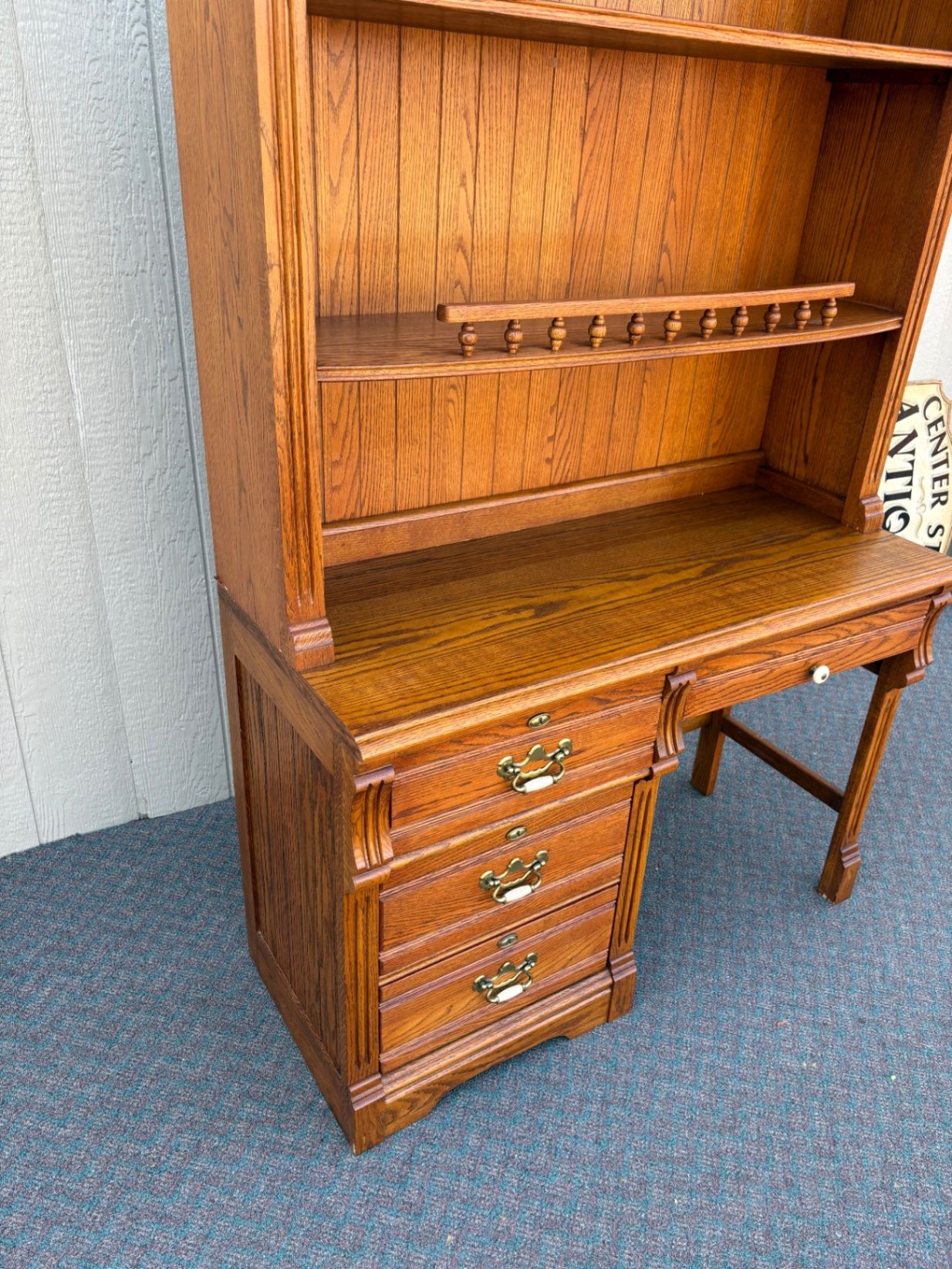 67655 Lexington Traditional Solid Oak Desk with Hutch and Brass Hardware