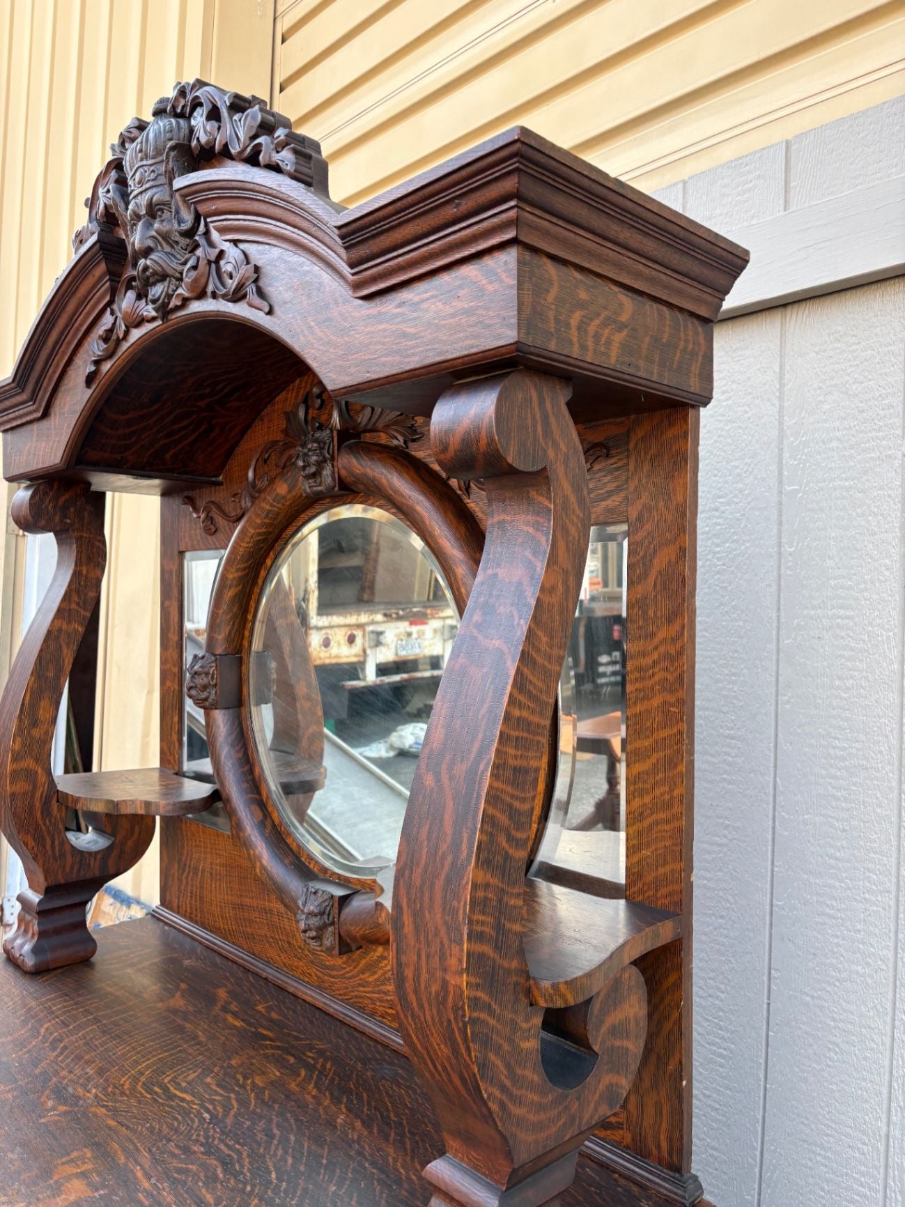 67417 Victorian Tiger Oak Sideboard with Figural Carvings and Mirror