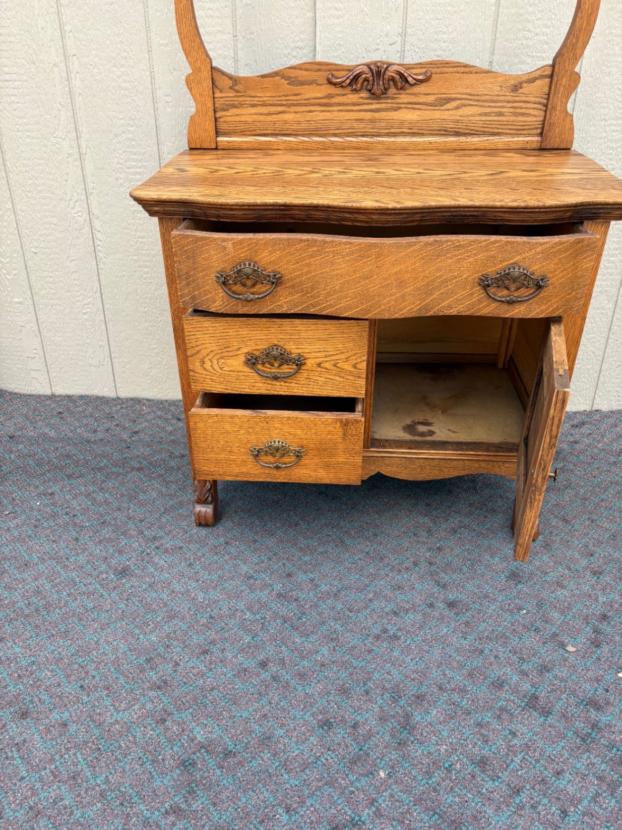68035 Victorian Oak Washstand with Towel Rail and Carved Details