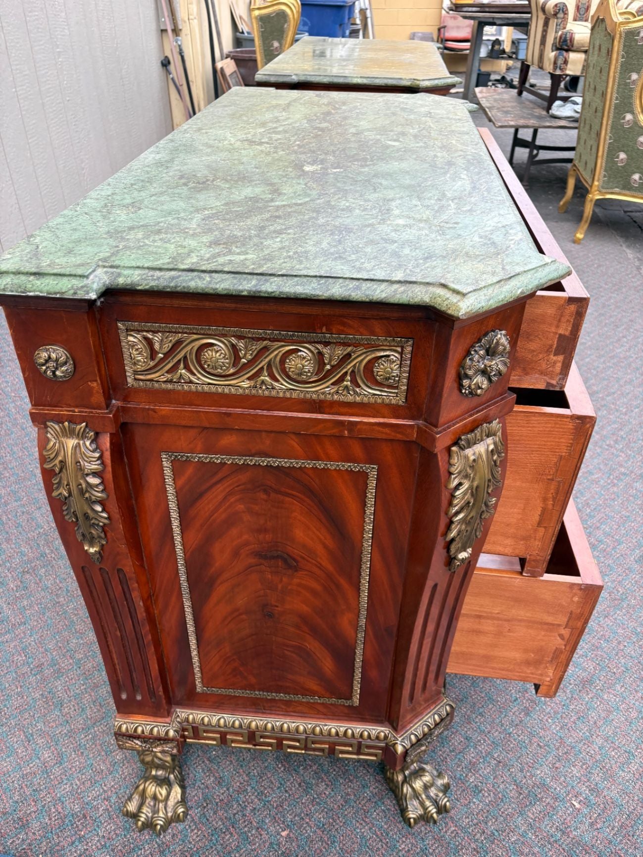 67522 Neoclassical Mahogany and Green Marble Top Sideboard
