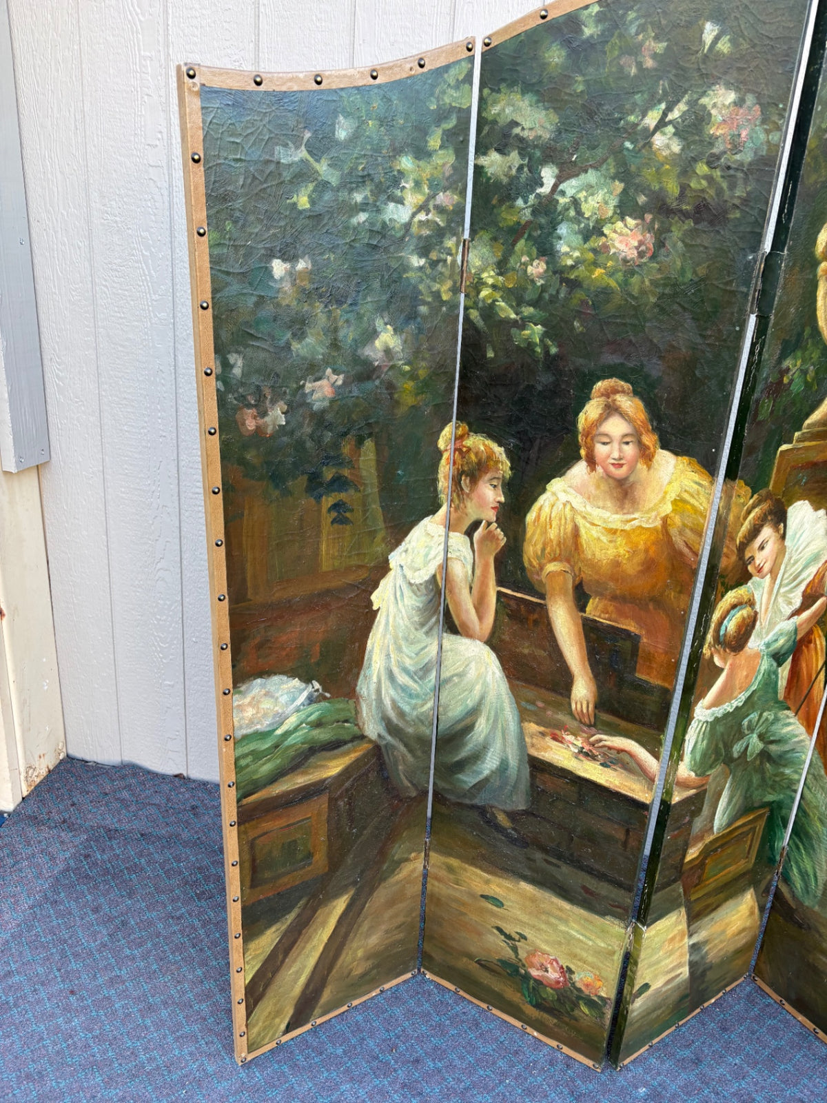 Hand-Painted Victorian Style Four-Panel Dressing Screen