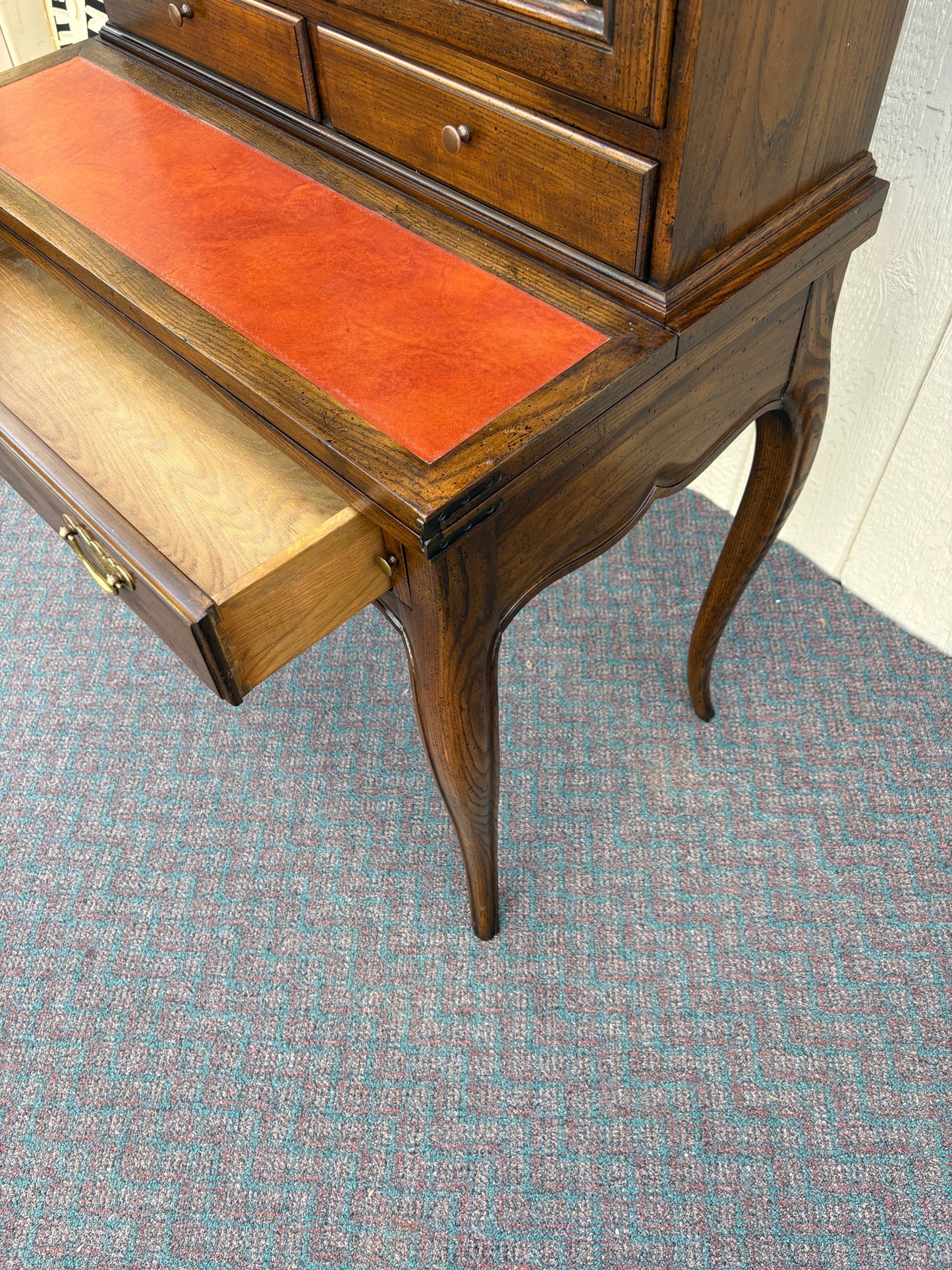 67743 Baker French Provincial Secretary Desk with Hutch, Wood and Leather