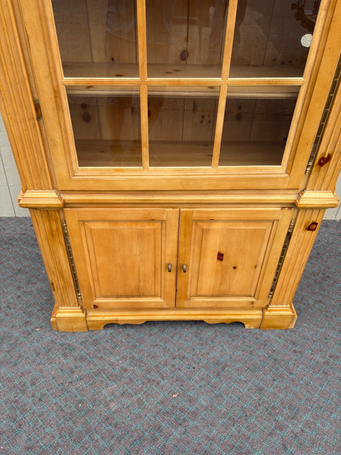 67671  Antique Pine Curio Bookcase with Glass Doors and Cabinet