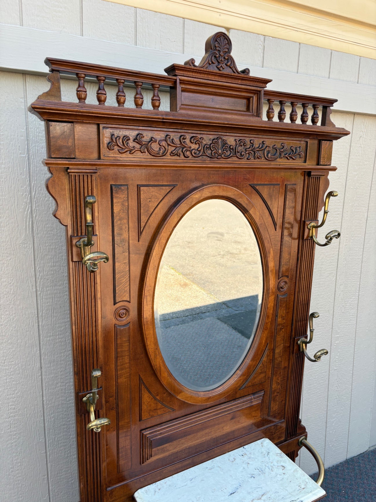 67756 Victorian Hall Tree with Mirror and Marble Shelf, Solid Walnut