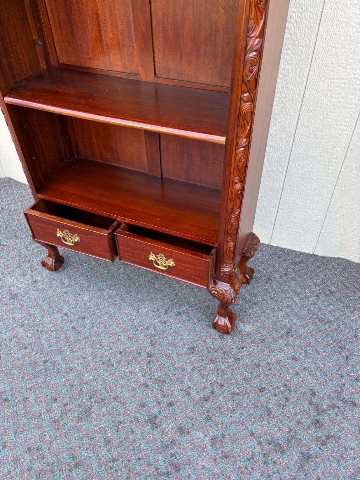 67941 Ornate Mahogany Chippendale Bookcase with Claw Feet and Drawers