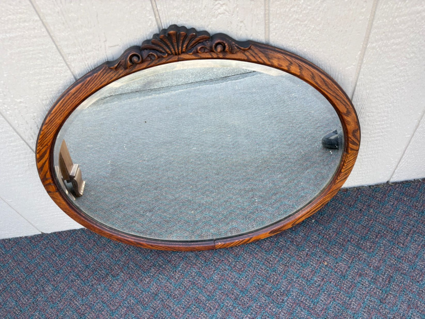 67652 Antique Victorian Oval Oak Beveled Wall Mirror with Carved Detail