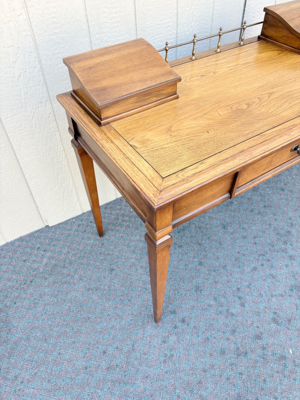 67969 Vintage Wood Writing Desk with Brass Gallery and Hidden Compartments