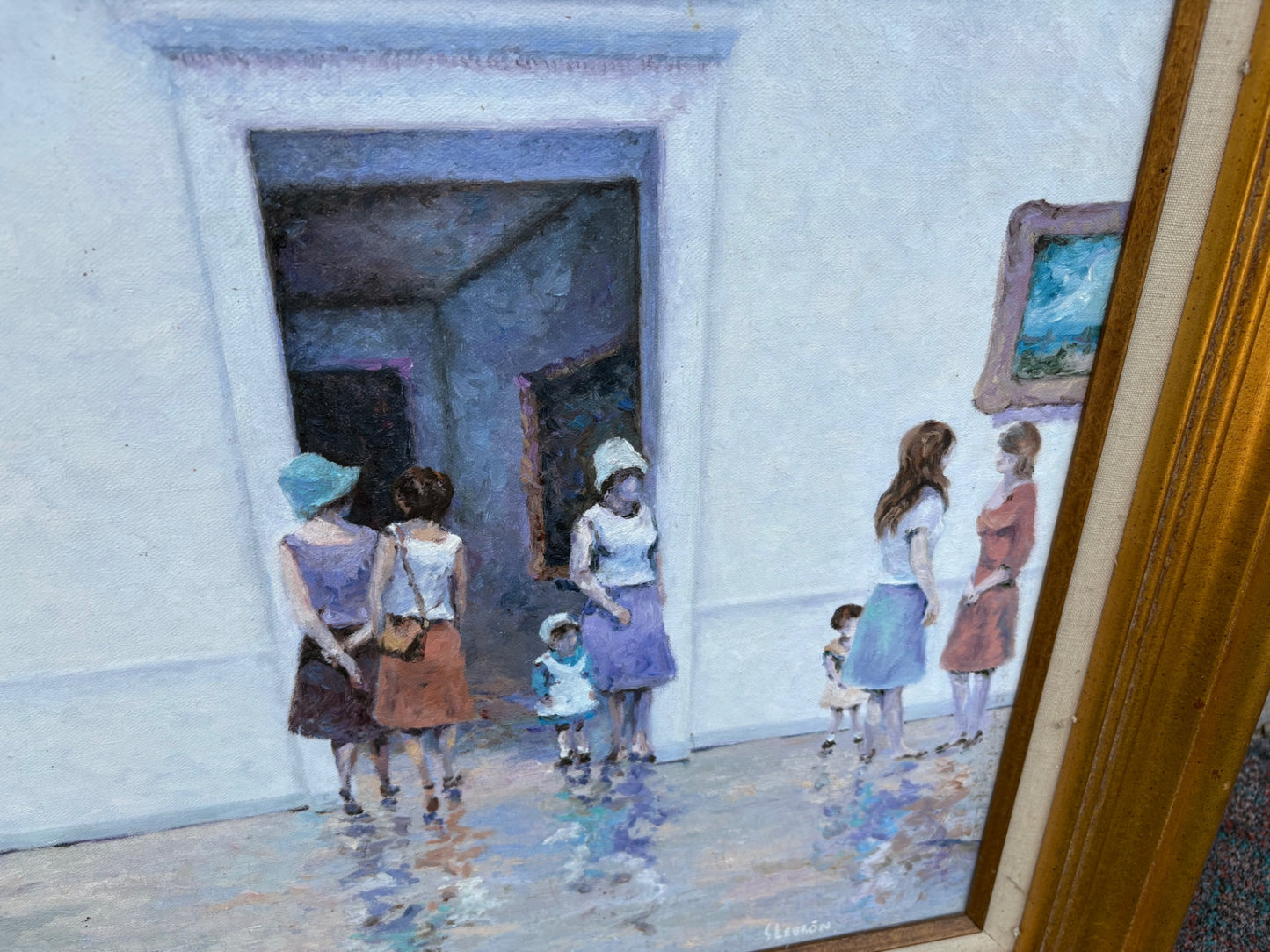 68041 Vintage Framed Painting of Museum Scene in Gold Frame