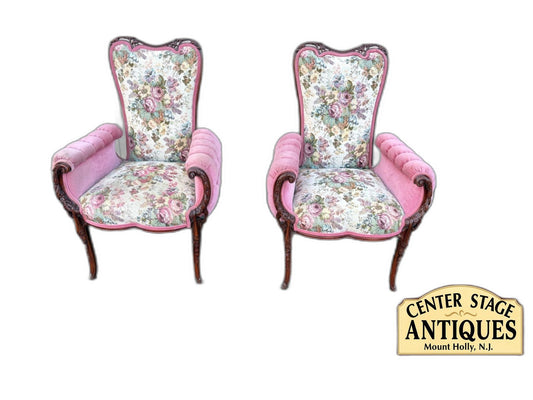 67494  Pair of Decorator Revival Armchairs with Floral Upholstery Seat 20"H