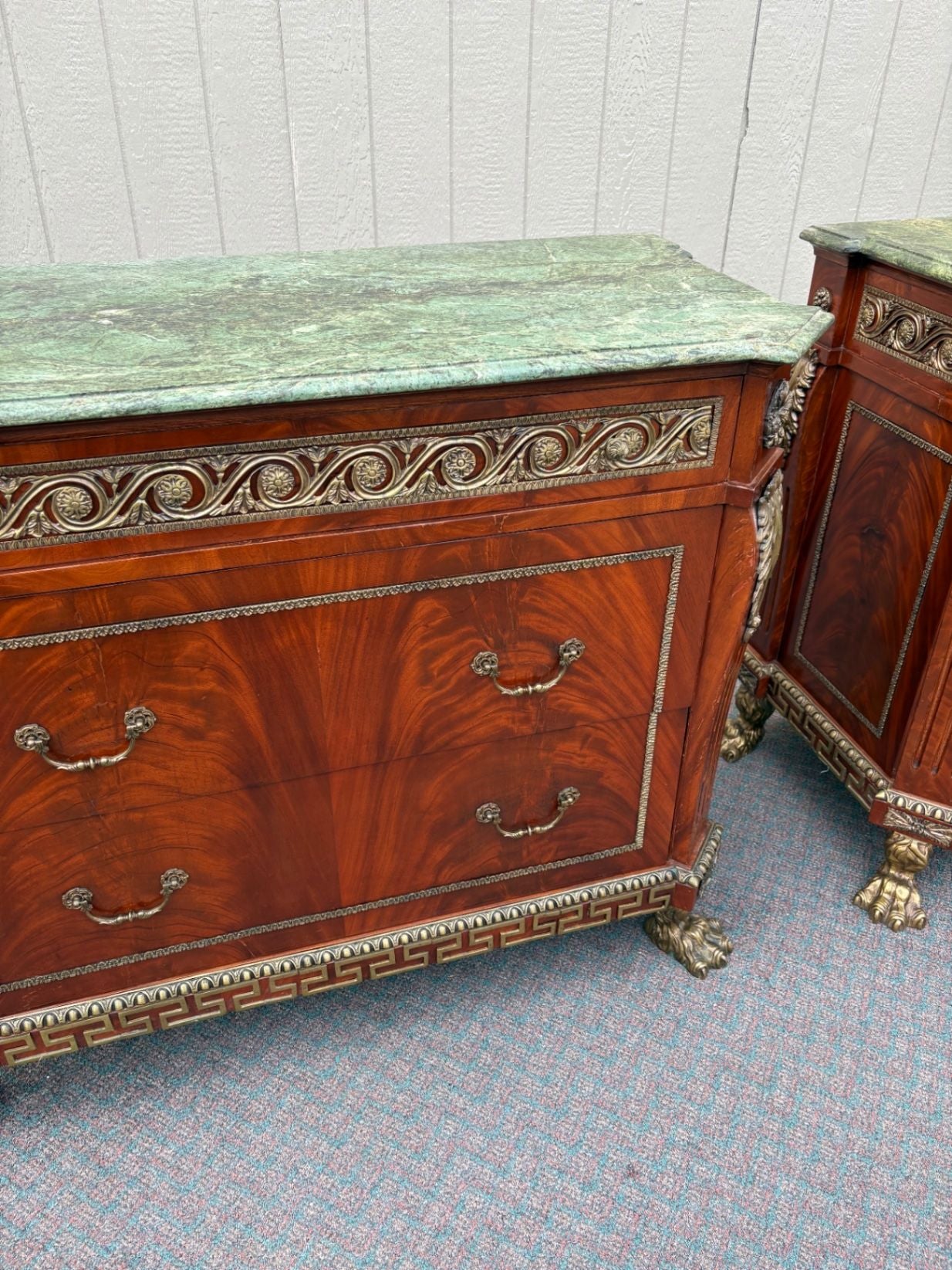 67522 Neoclassical Mahogany and Green Marble Top Sideboard