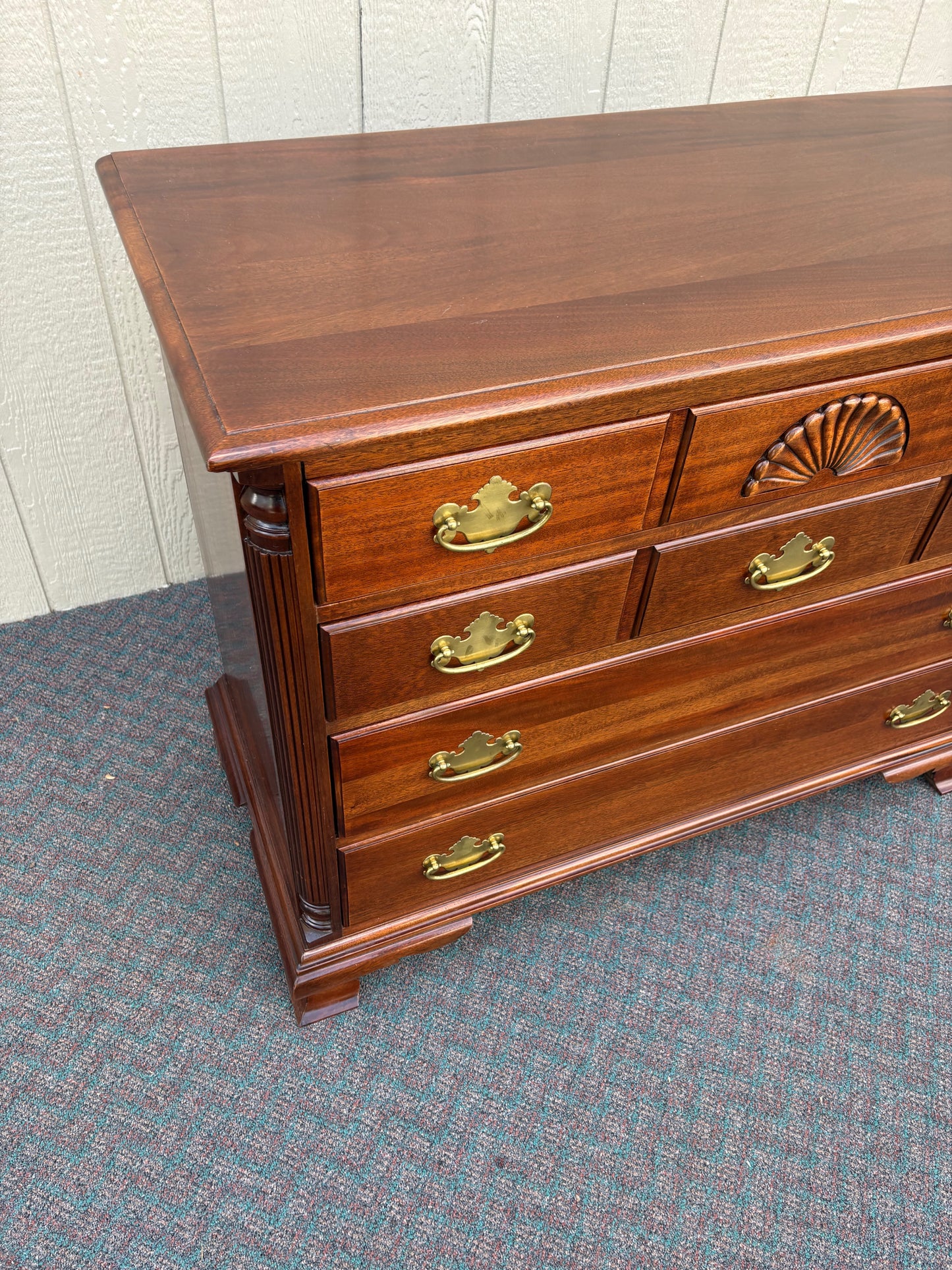 67738 Vintage Mahogany Chest with Brass Hardware and Shell Carving