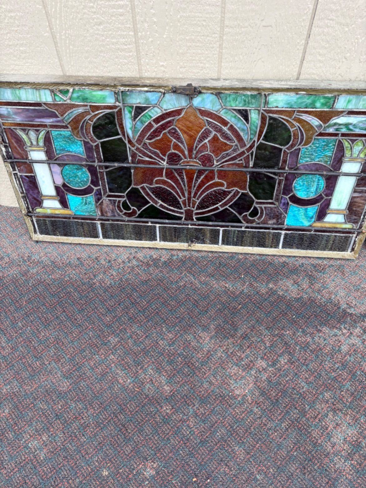 67487 Antique Art Nouveau Stained Glass Window with Floral Motif