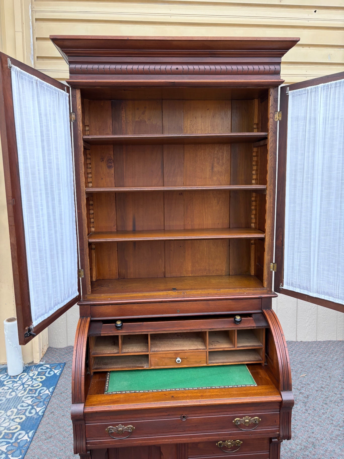 67934  Victorian Cylinder Secretary Desk with Display Cabinet