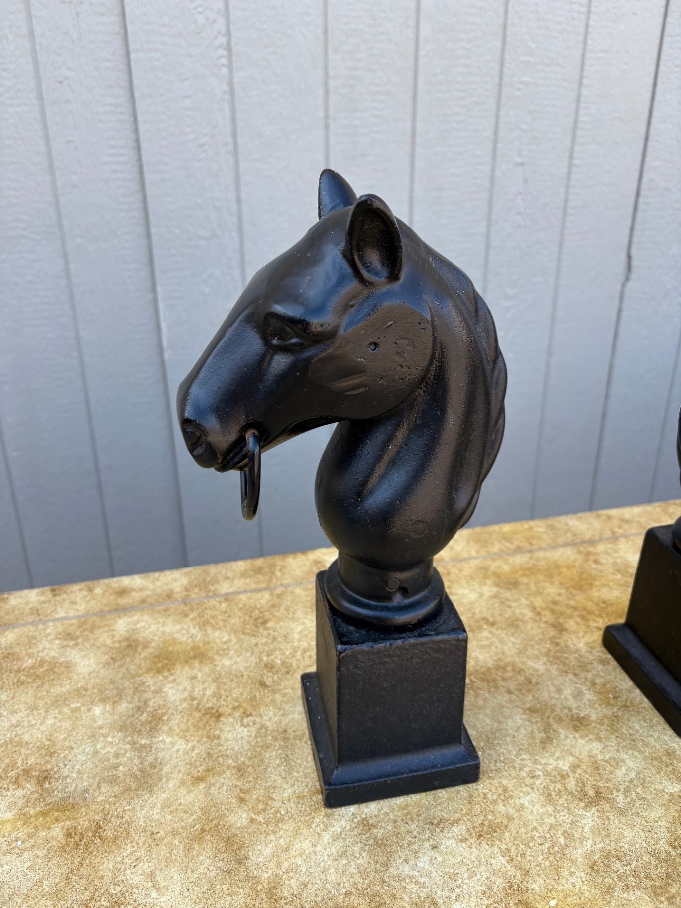 67592 Pair of Vintage Cast Iron Horse Head Sculptures with Rings