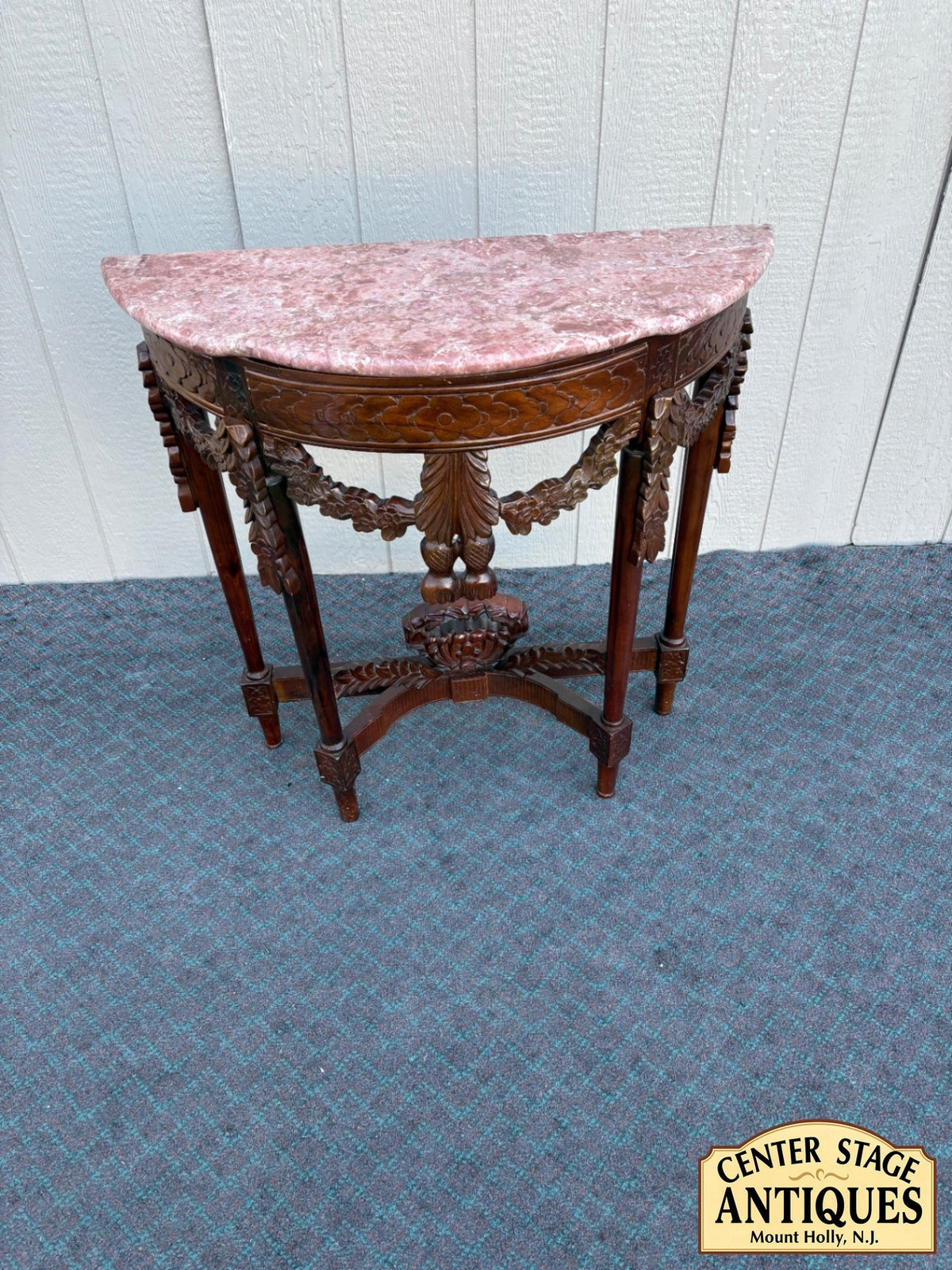 68237  Antique Mahogany Demilune Table with Pink Marble Top