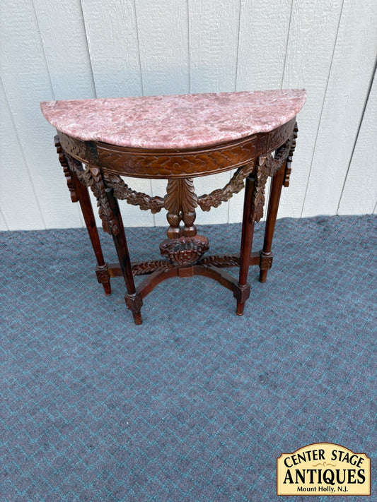 68237  Antique Mahogany Demilune Table with Pink Marble Top