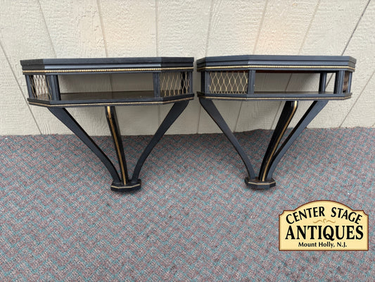 67859 Pair of Vintage Black Wall Shelves with Gold Accents and Decoupage