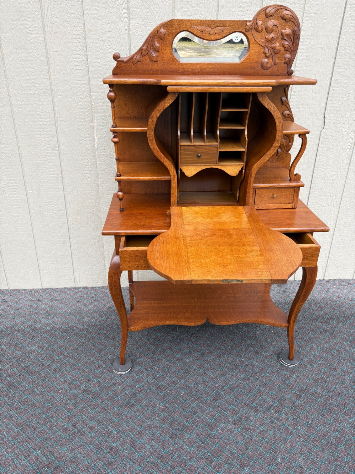 68144 Victorian Oak Davenport Desk with Carved Details and Mirror