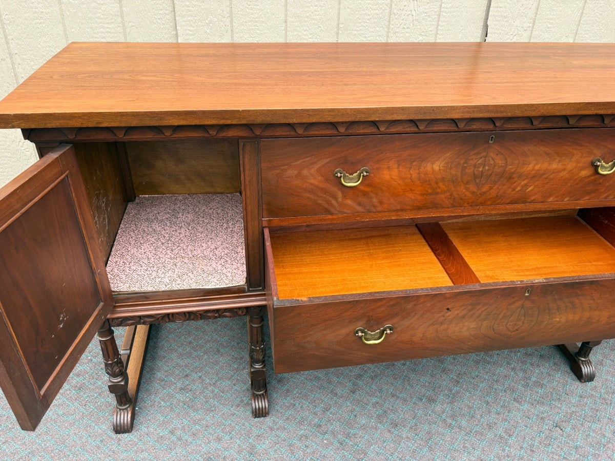 68181  Elegant Early 20th Century Walnut Buffet with Carved Detailing