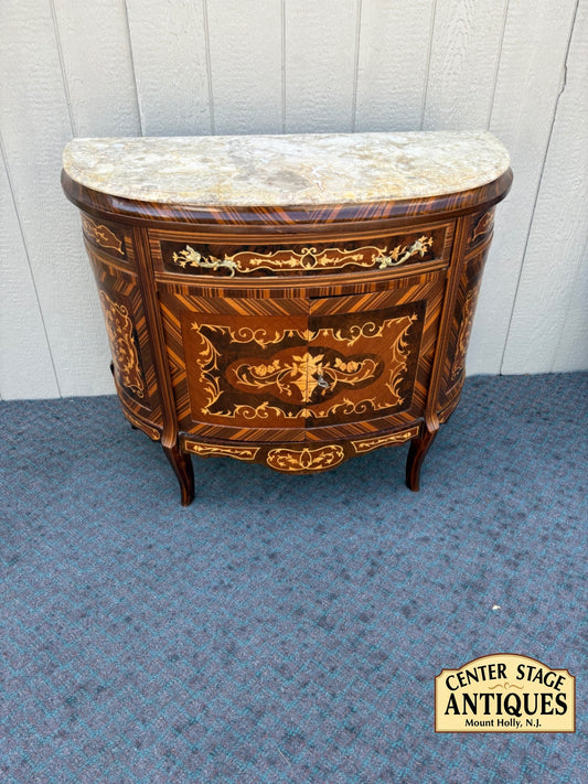 67968  Elegant Demilune Chest with Marble Top and Inlay Detailing