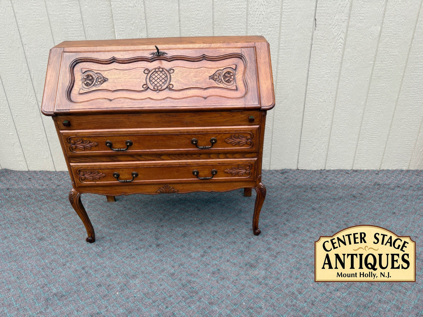 68097 Vintage French Provincial Oak Slant Front Desk with Carved Details