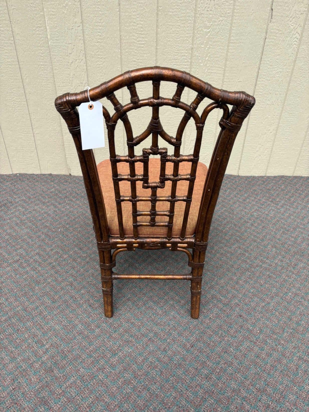 Vintage Chippendale Style Rattan Chair with Upholstered Seat