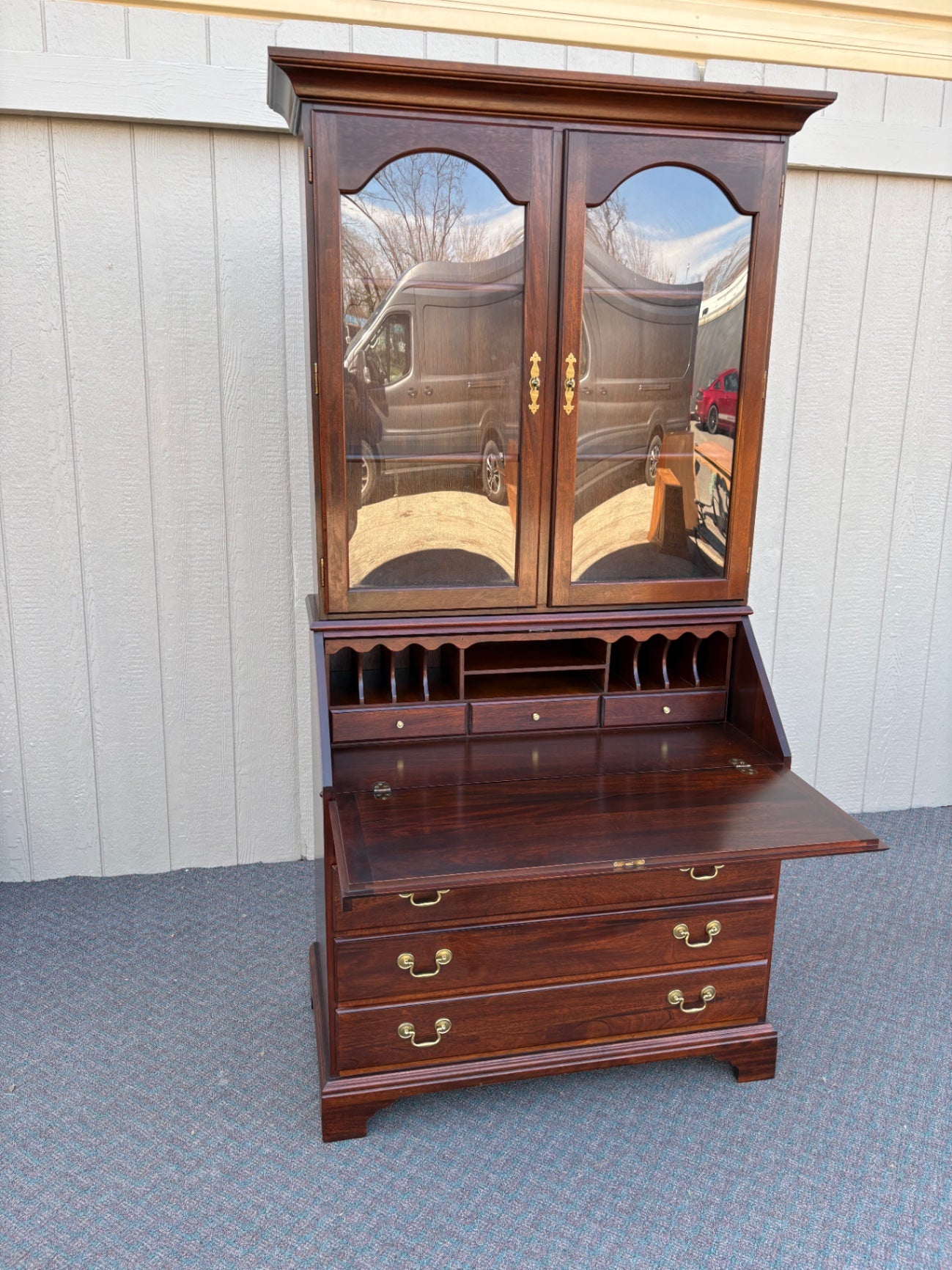 67847 Vintage Mahogany Secretary Desk with Glass Front Bookcase