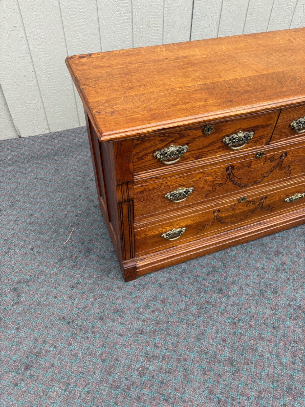 67959 Victorian Oak Dresser with Brass Hardware and Carved Details