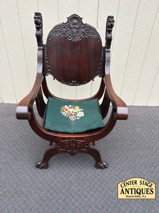 67546 Victorian Mahogany Lion Armchair with Intricate Carvings