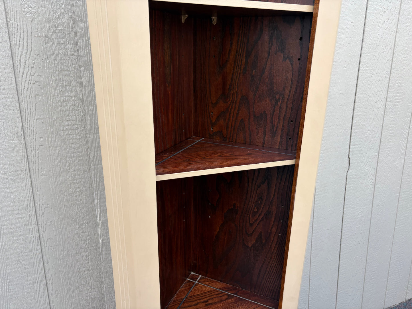 67870 Tall Rustic Corner Cabinet with Dual Tone Finish and Shelves