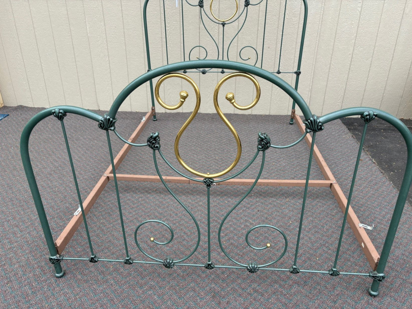 67398  Vintage Brass and Green Metal Full Size Bed Frame