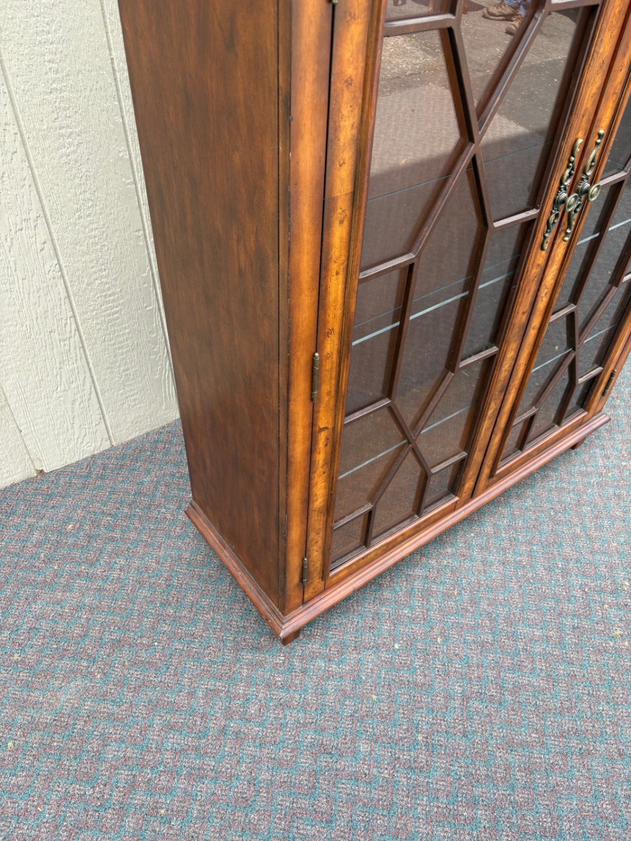 67660 Vintage Glass Front Bookcase with Geometric Wood Inlay