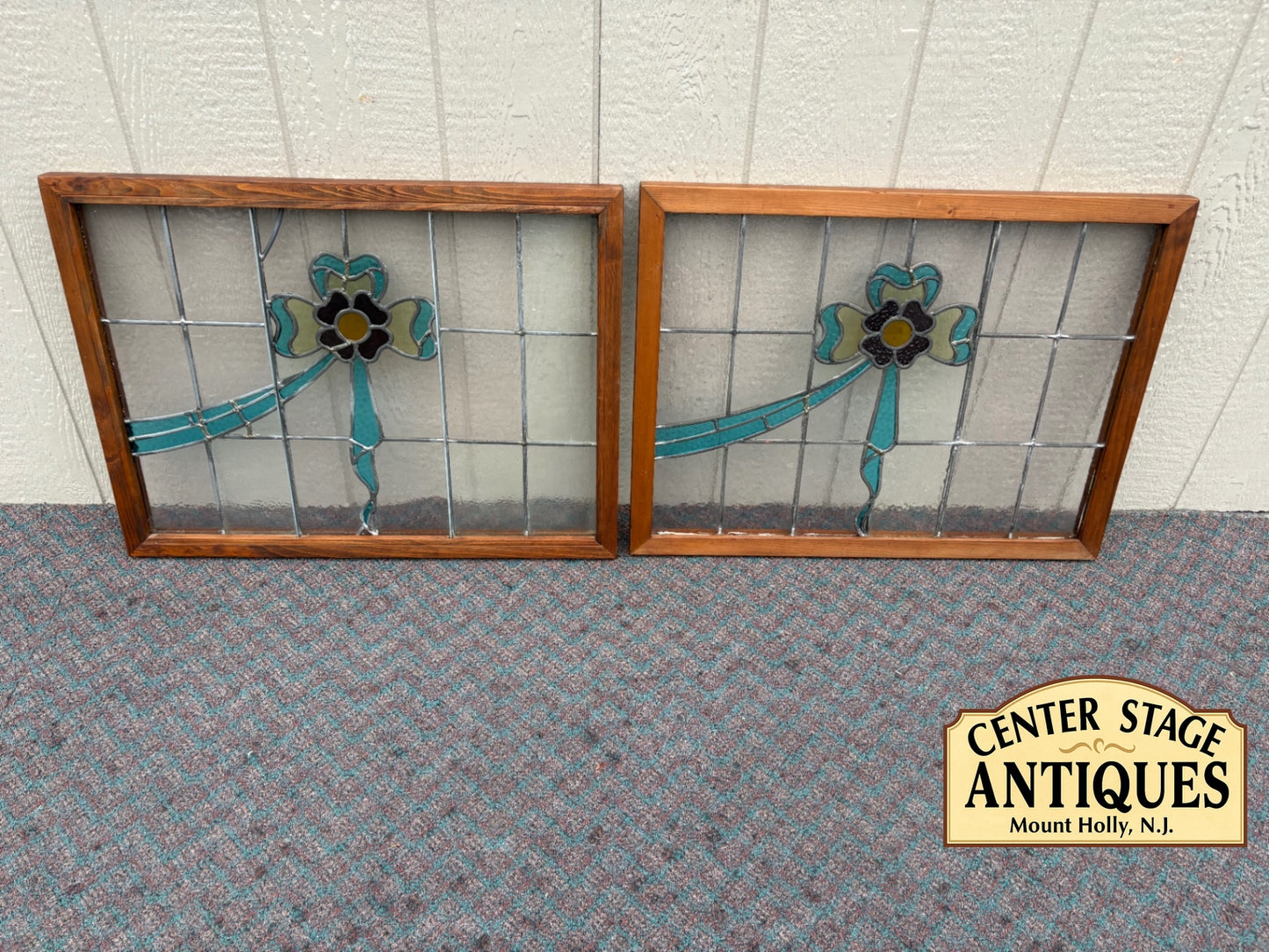67906 PAIR  of Vintage Stained Glass Windows with Floral Design