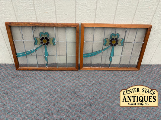 67906 PAIR  of Vintage Stained Glass Windows with Floral Design