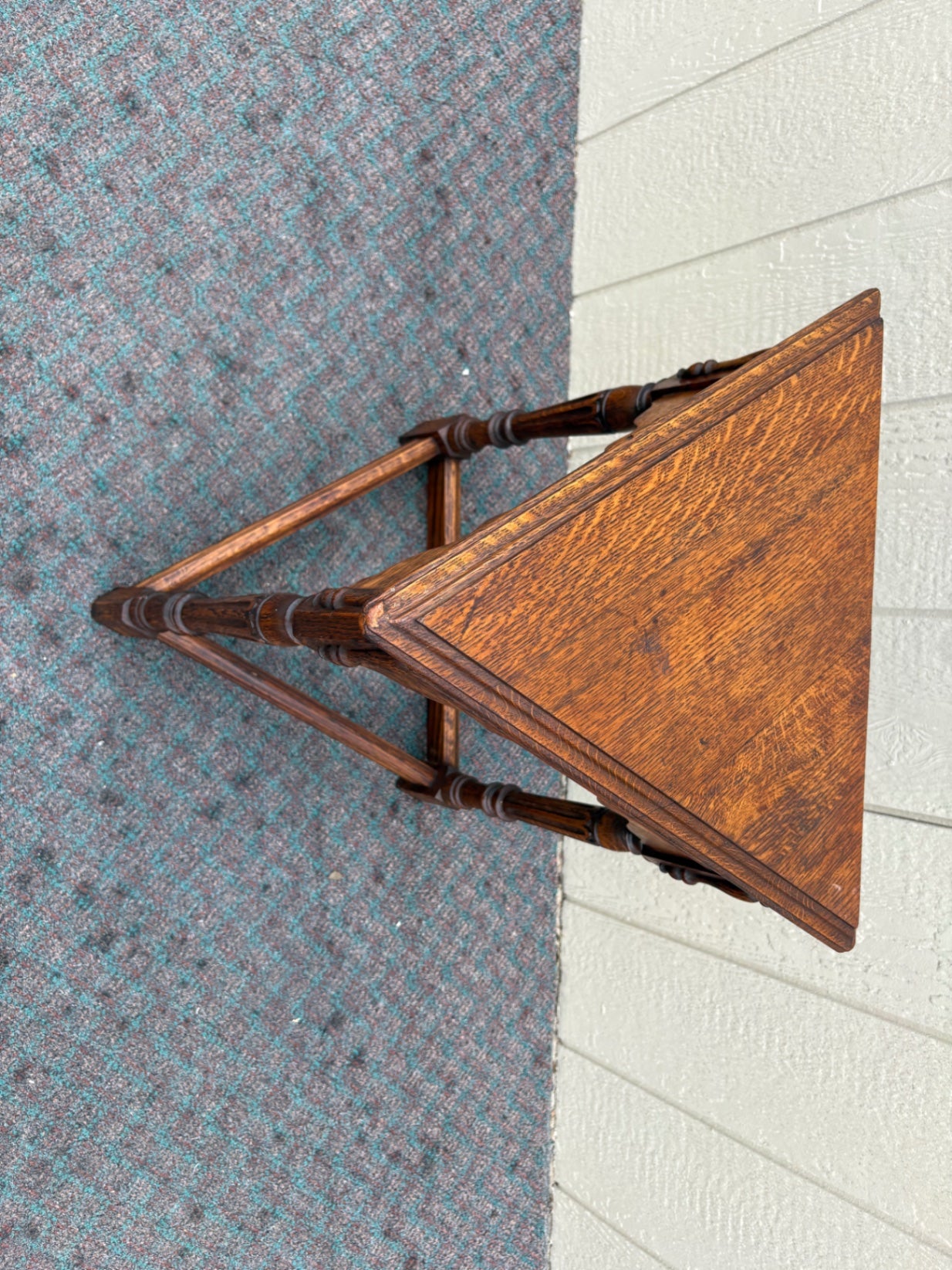 67954 Antique Oak Triangle Side Table with Turned Legs and Carved Details