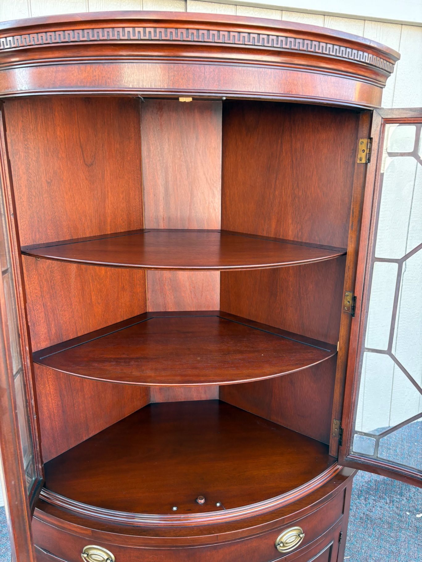 67479  Mahogany Corner Cabinet with Glass Doors and Brass Hardware