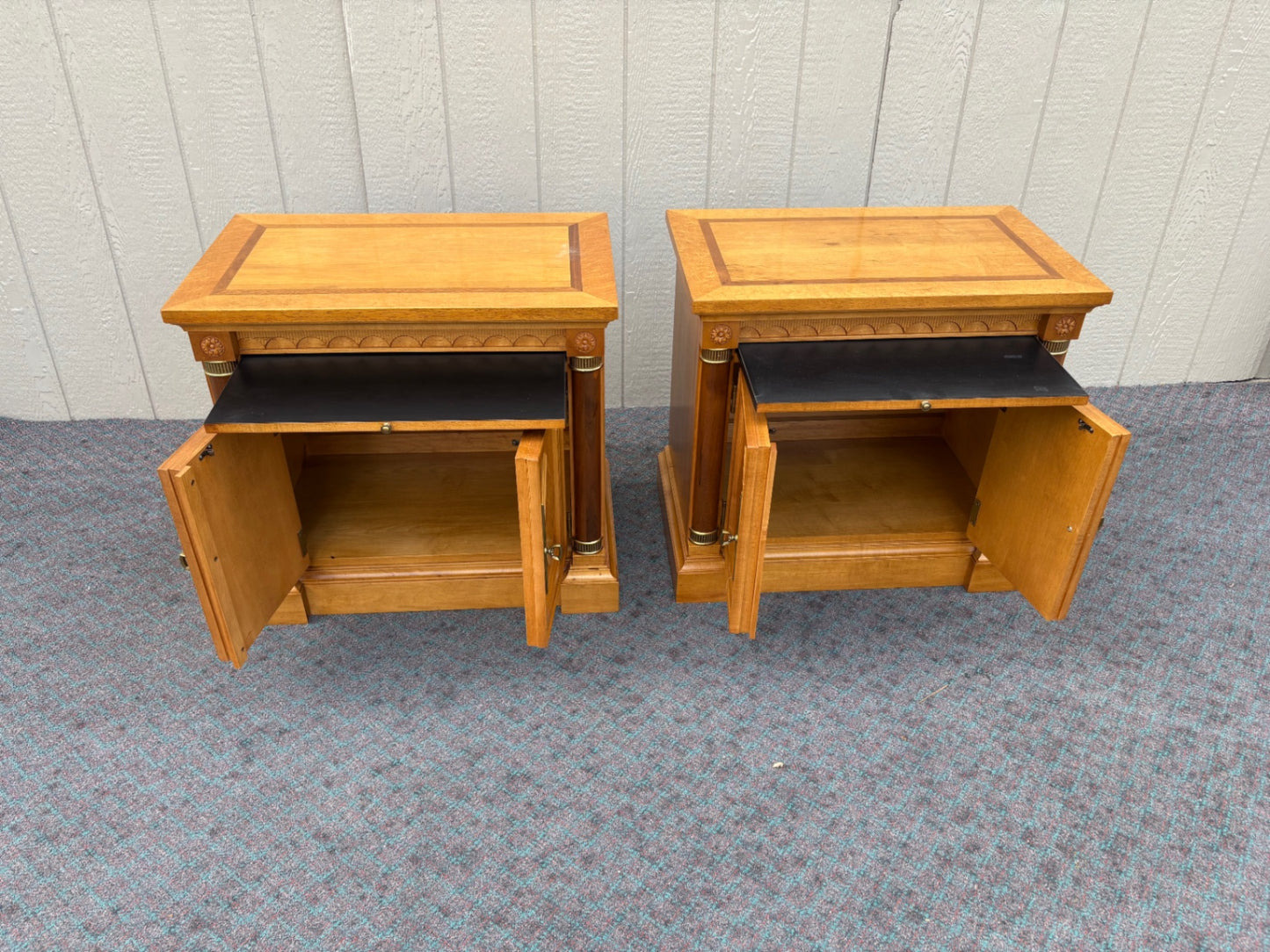 67972 Pair of Ethan Allen Neoclassical Nightstands in Honey Oak Finish