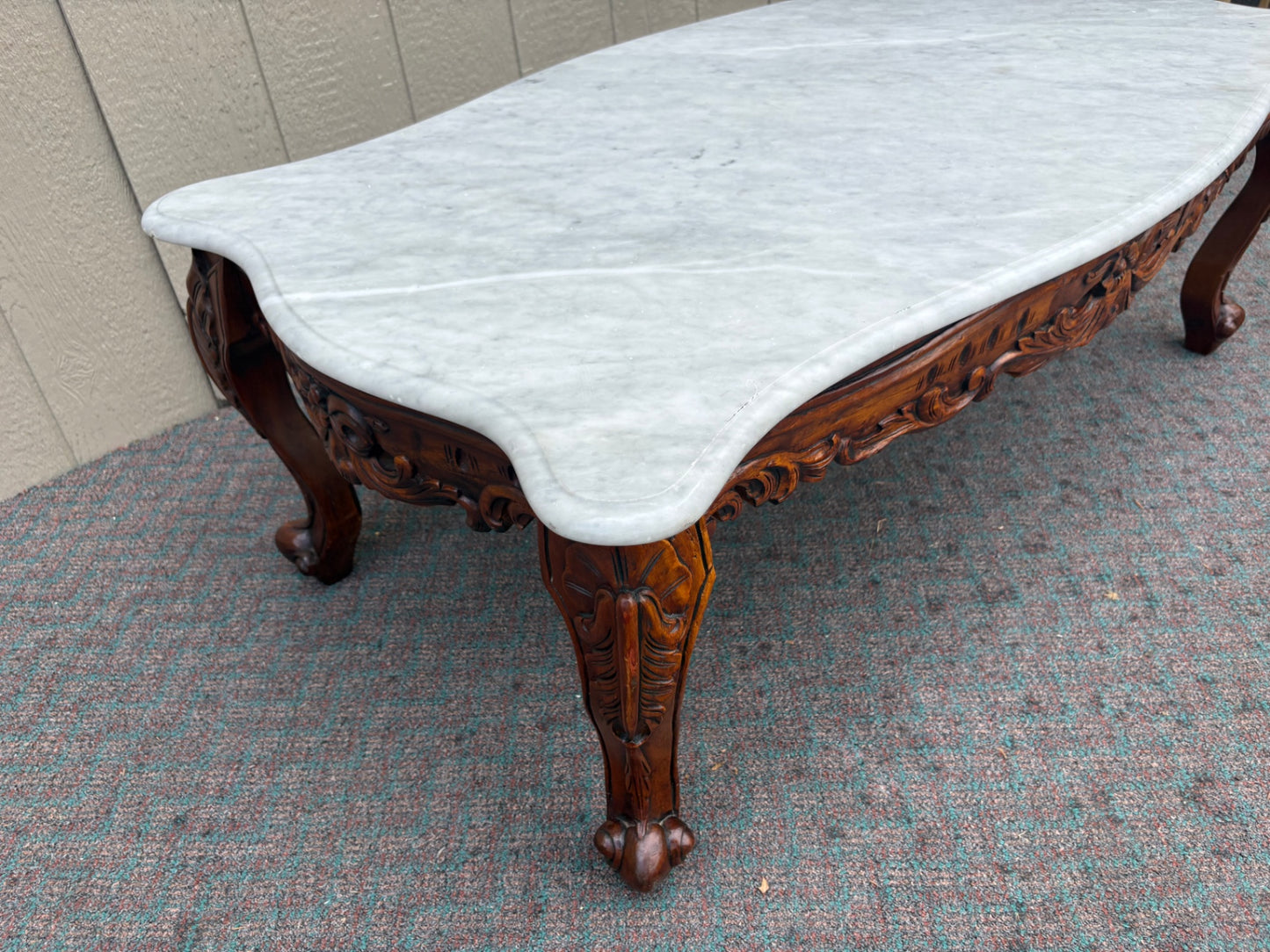 67904 Antique French Carved Coffee Table with Marble Top