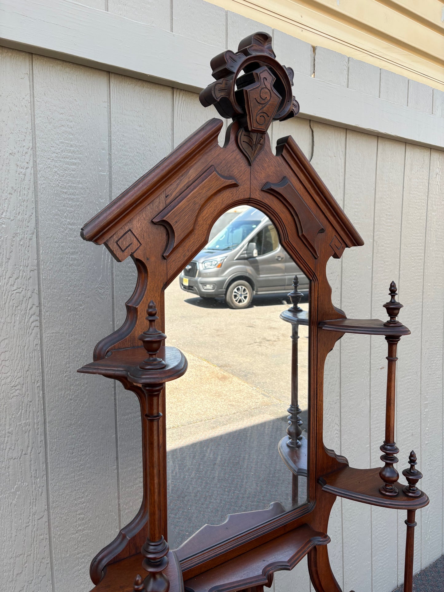 67717 Victorian Eastlake Style Hall Mirror with Shelves, Solid Mahogany