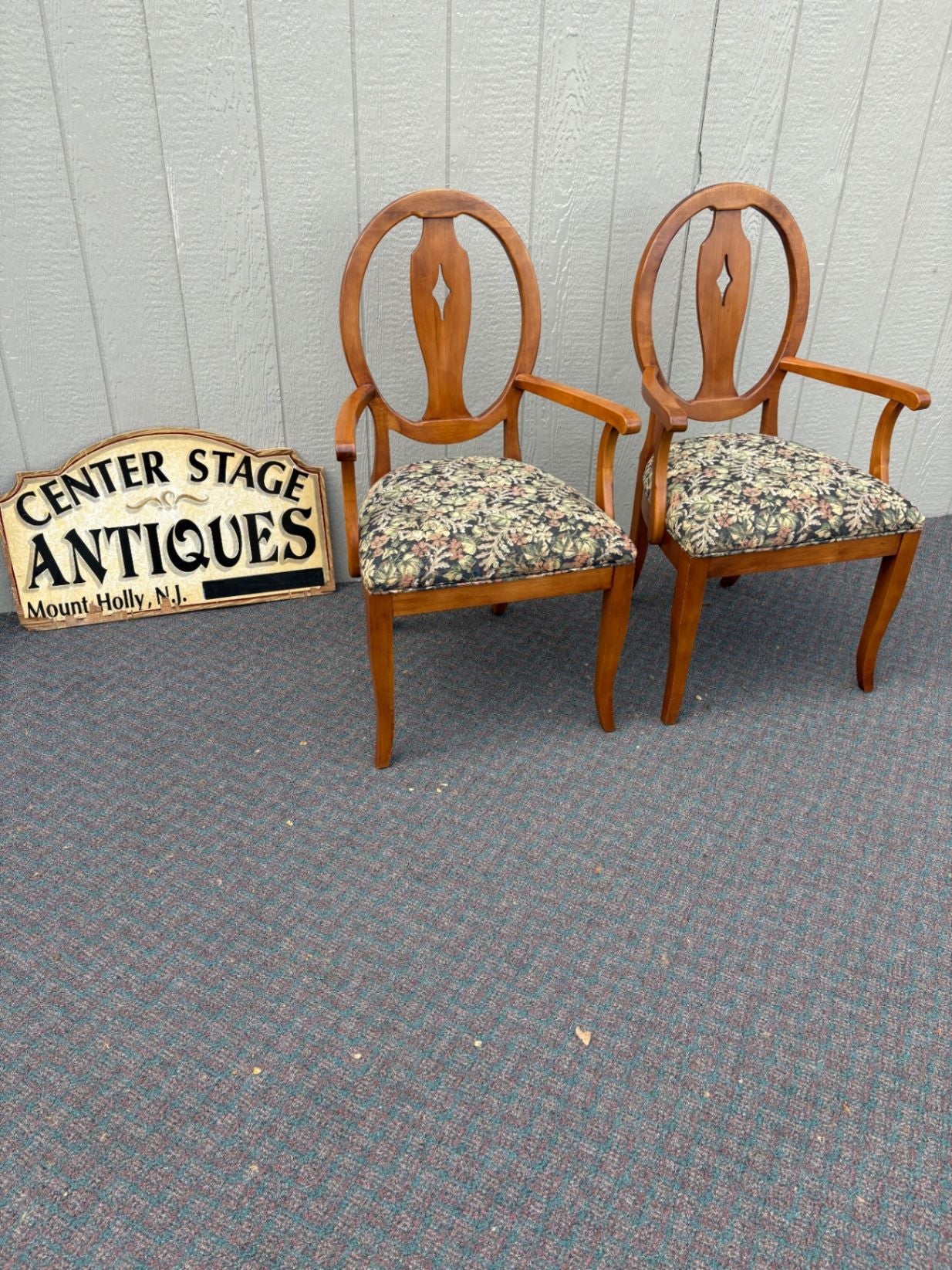 67667 Pair of Ethan Allen Shield Back Armchairs with Floral Upholstery