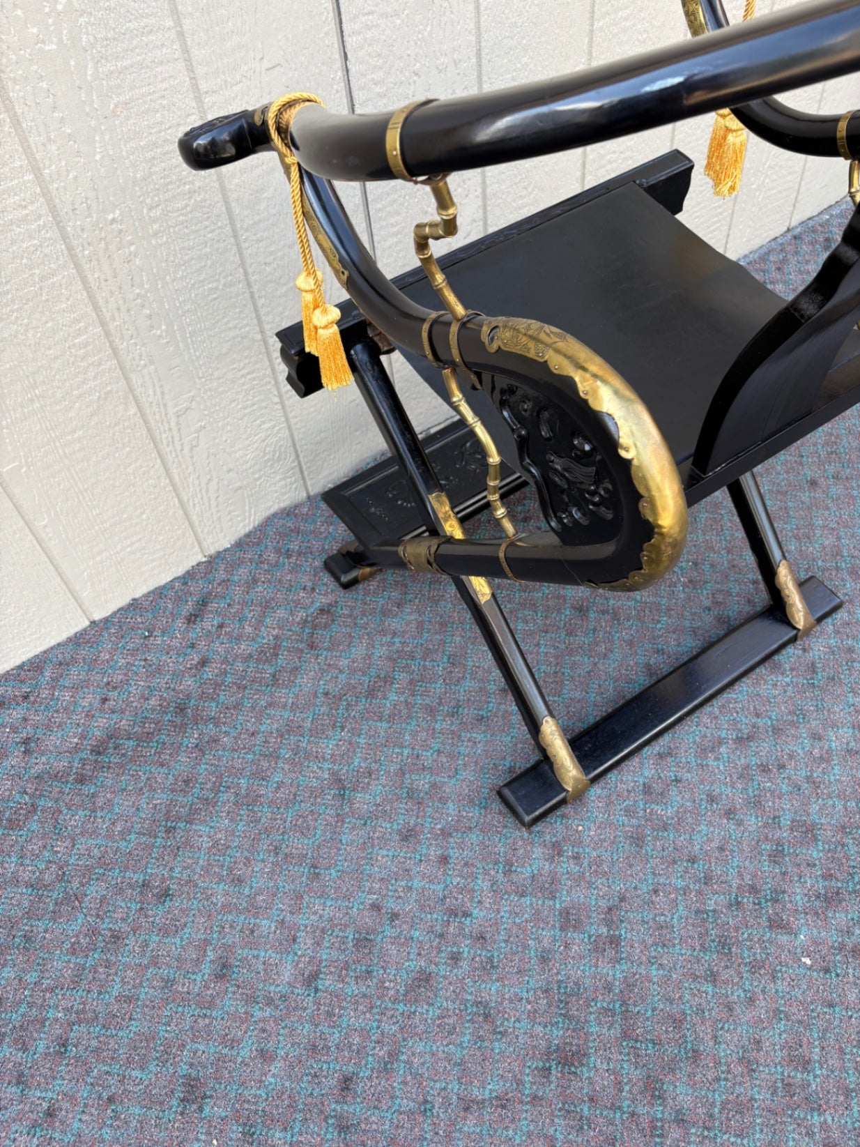 68061 Oriental Style Black Folding Chair with Carved Details
