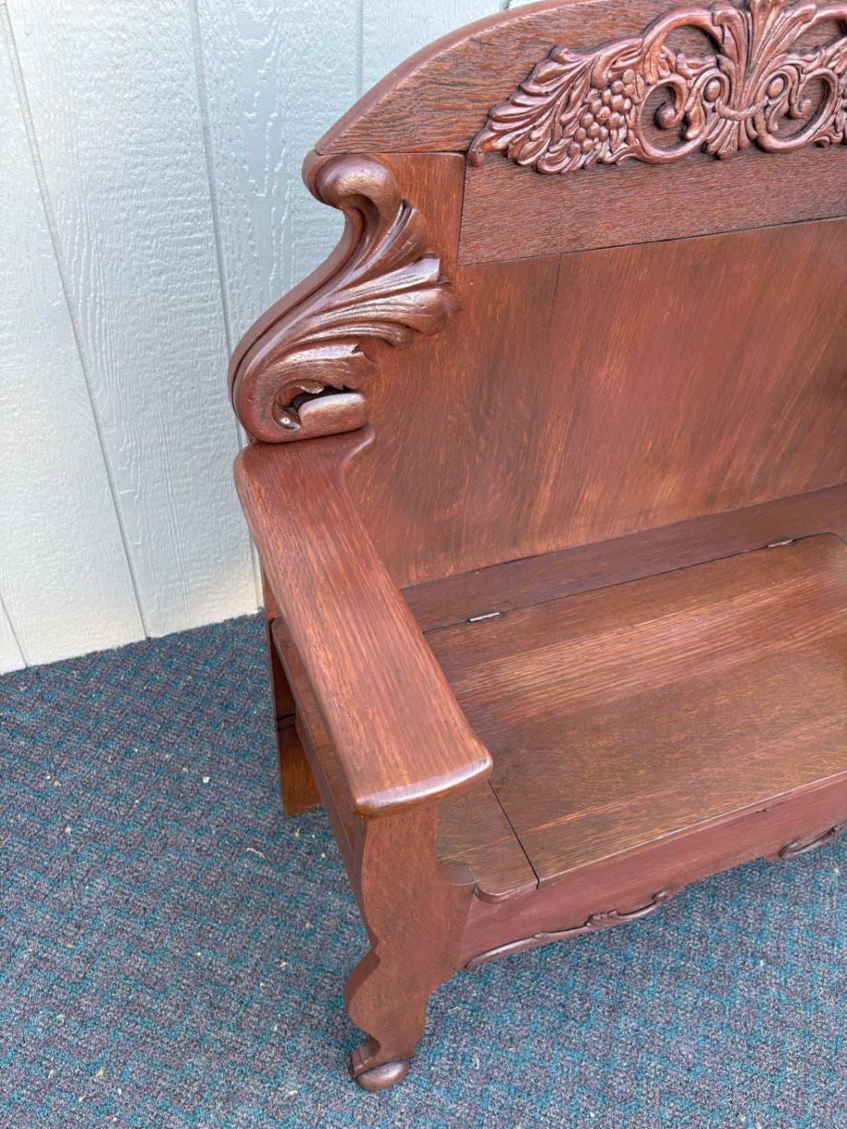 67564 Victorian Hall Seat with Intricate Carving in Rich Oak Finish